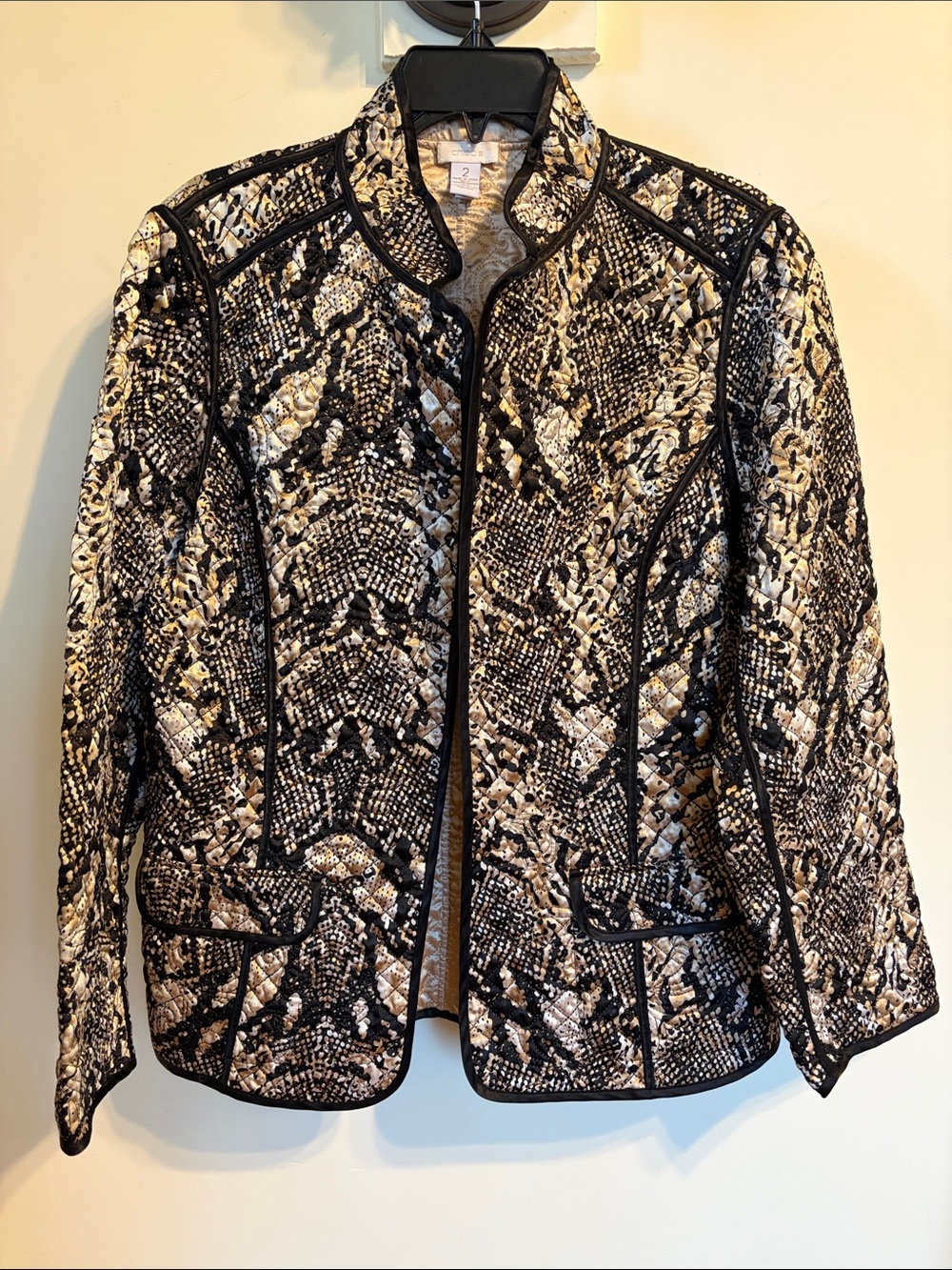 Chico’s Reversible Quilted Jacket Gold Shimmer Animal Print Black Trim Size 2 L